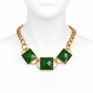 Vintage Chunky Statement Gold Link Necklace with Green Geometric Squares